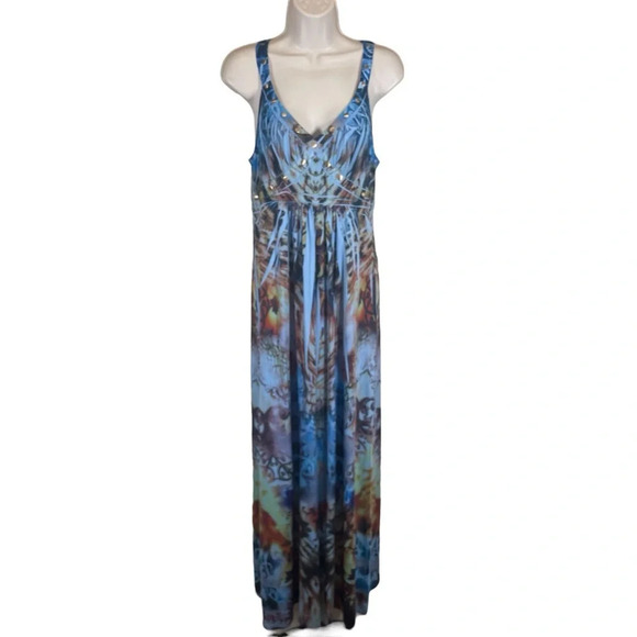 Style & co sublimation maxi summer dress stretchy soft casual blue large - Picture 1 of 10